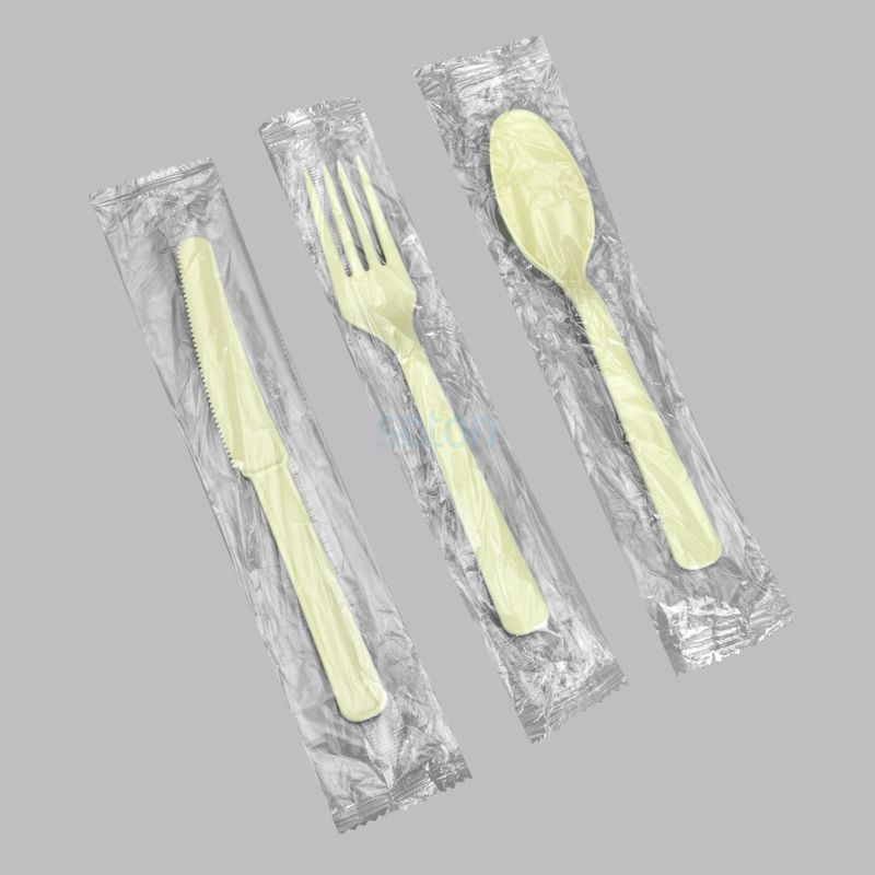 Compostable cutlery individually wrapped for takeaway meals, food delivery, and catering services.
