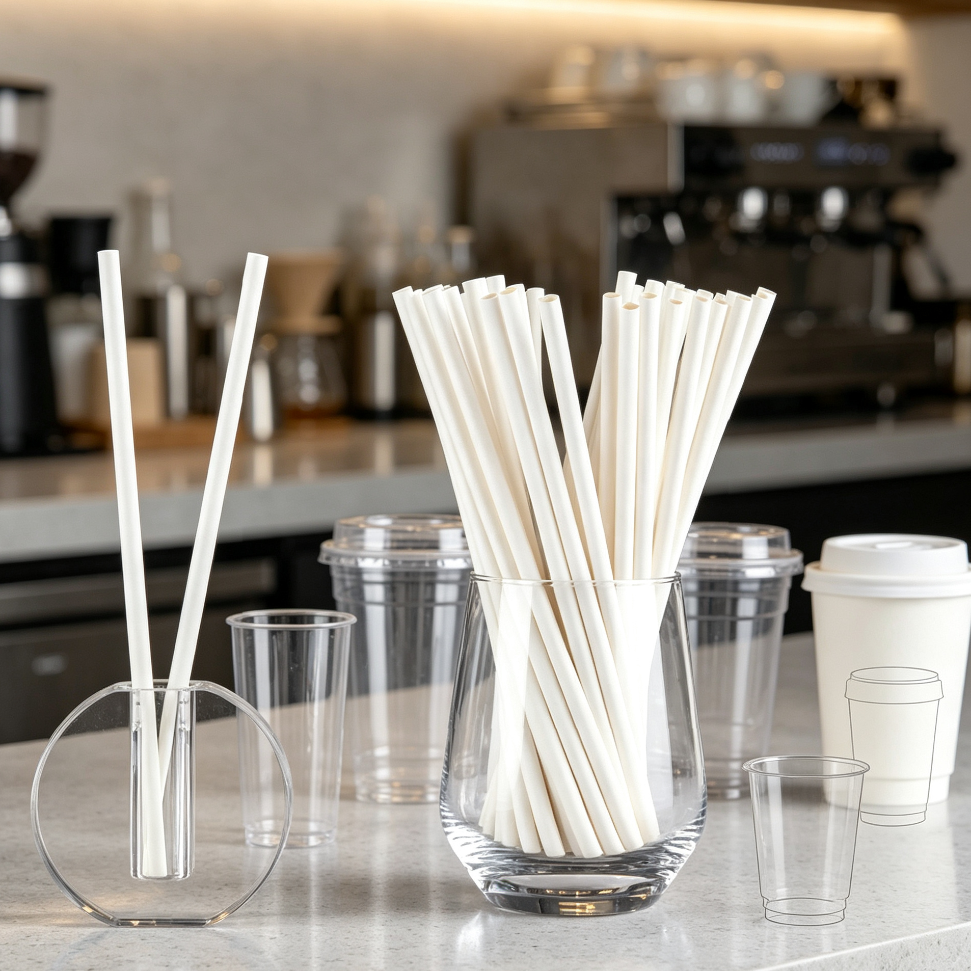 Paper straws arranged with different drink cups for height rim opening and drinking angle testing.