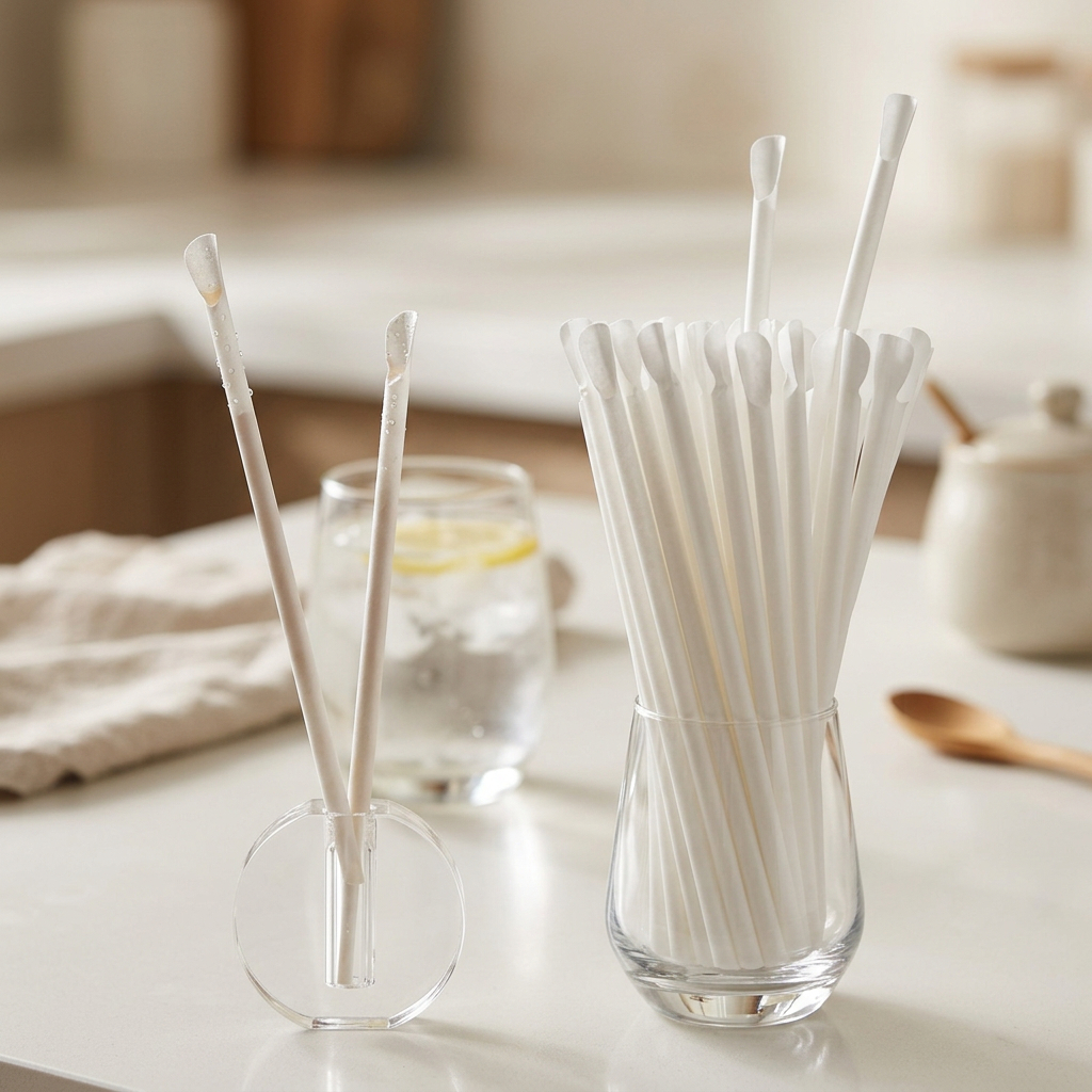White spoon-tip paper straws in a glass tumbler showing wet strength after contact with a drink.