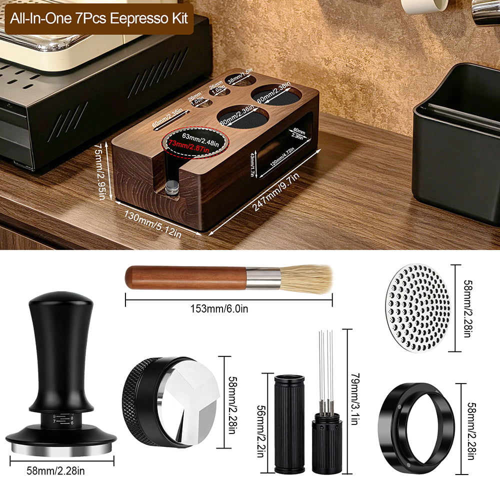 7-Piece Espresso Tool Set with Walnut Wood Tamping Station