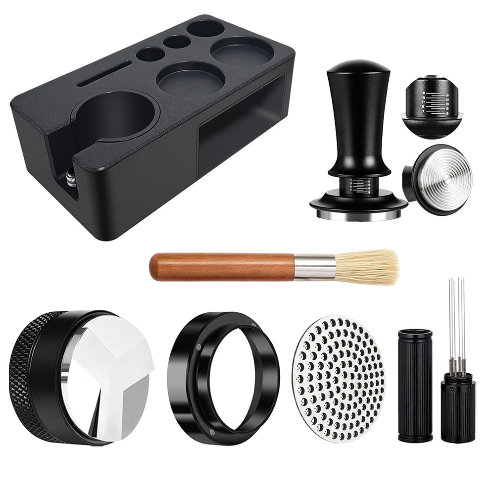 7-Piece Espresso Tool Set with Vertical ABS Tamping Station