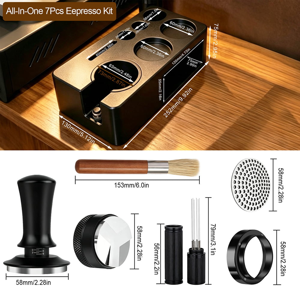 7-Piece Espresso Tool Set with Vertical ABS Tamping Station