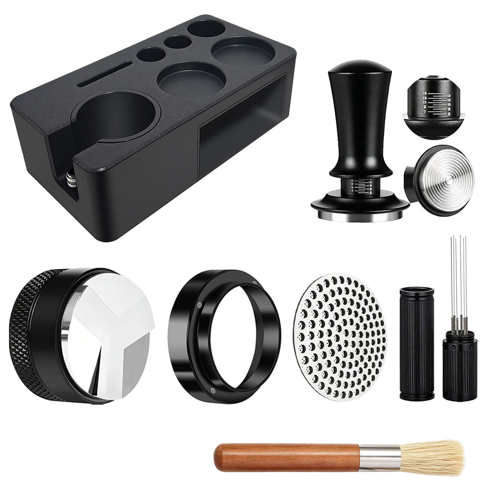 7-Piece Espresso Tool Set with Vertical ABS Tamping Station