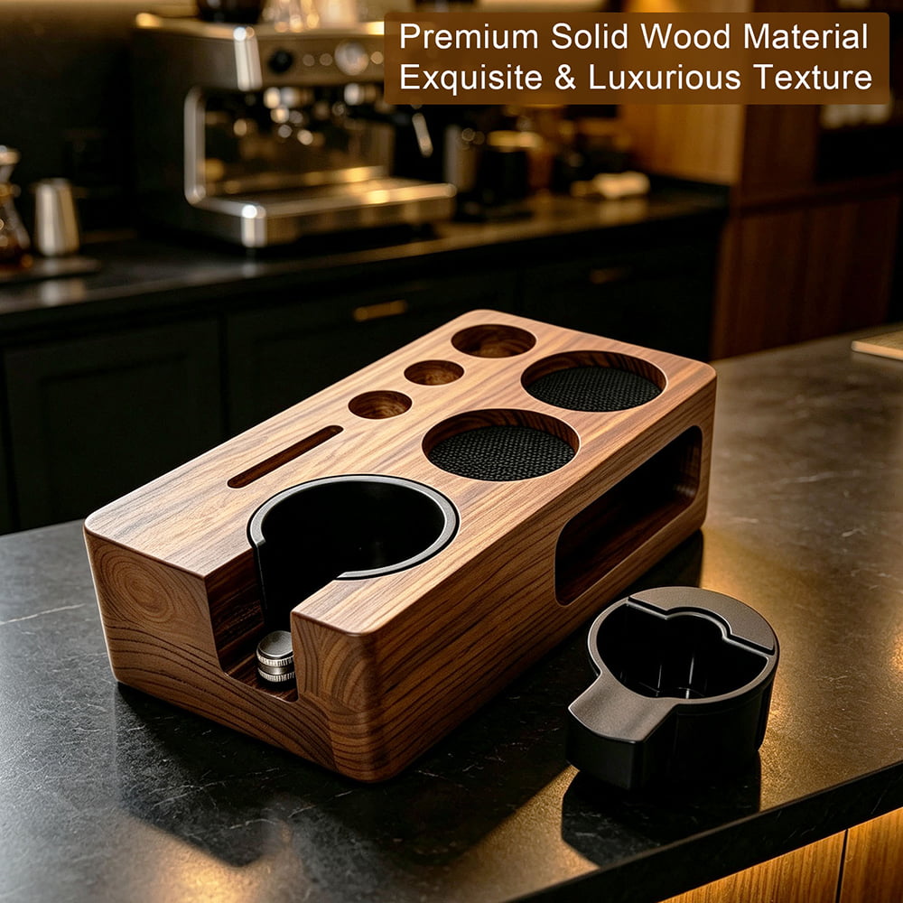 7-Piece Espresso Tool Set with Walnut Wood Tamping Station